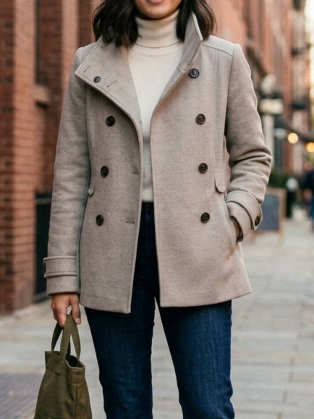 H&M Asymmetric Funnel Neck Double Breasted Peacoat Tan Jacket Size 10